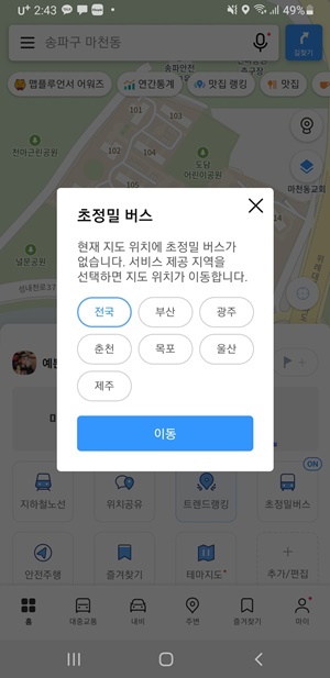 카카오맵 초정밀 버스 운행지역