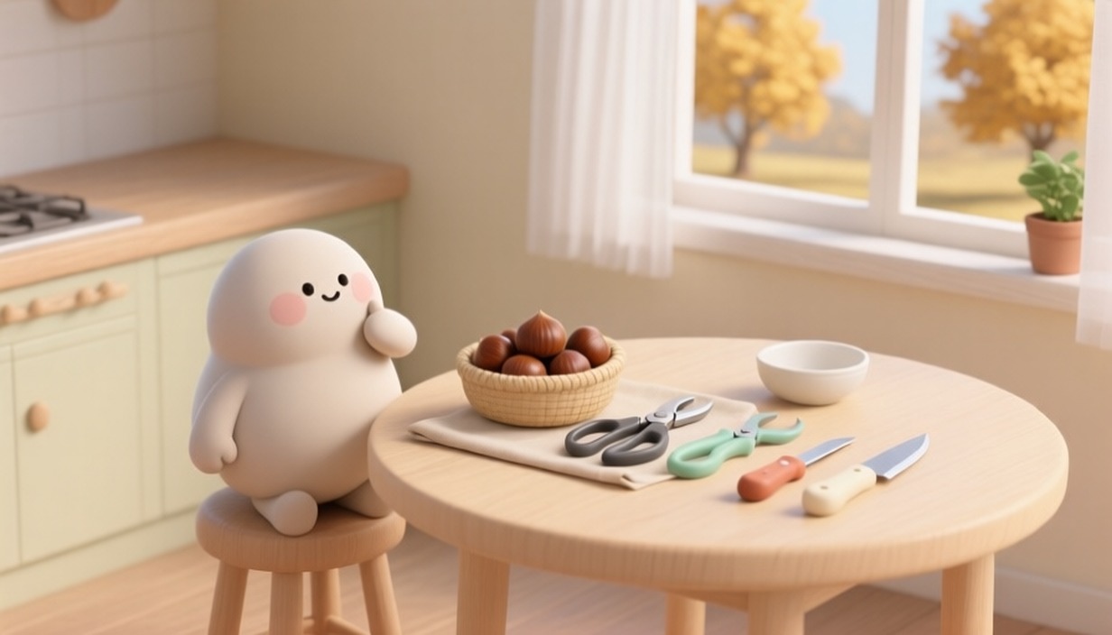 식탁 위 밤 바구니와 여러 손질 도구를 바라보는 캐릭터