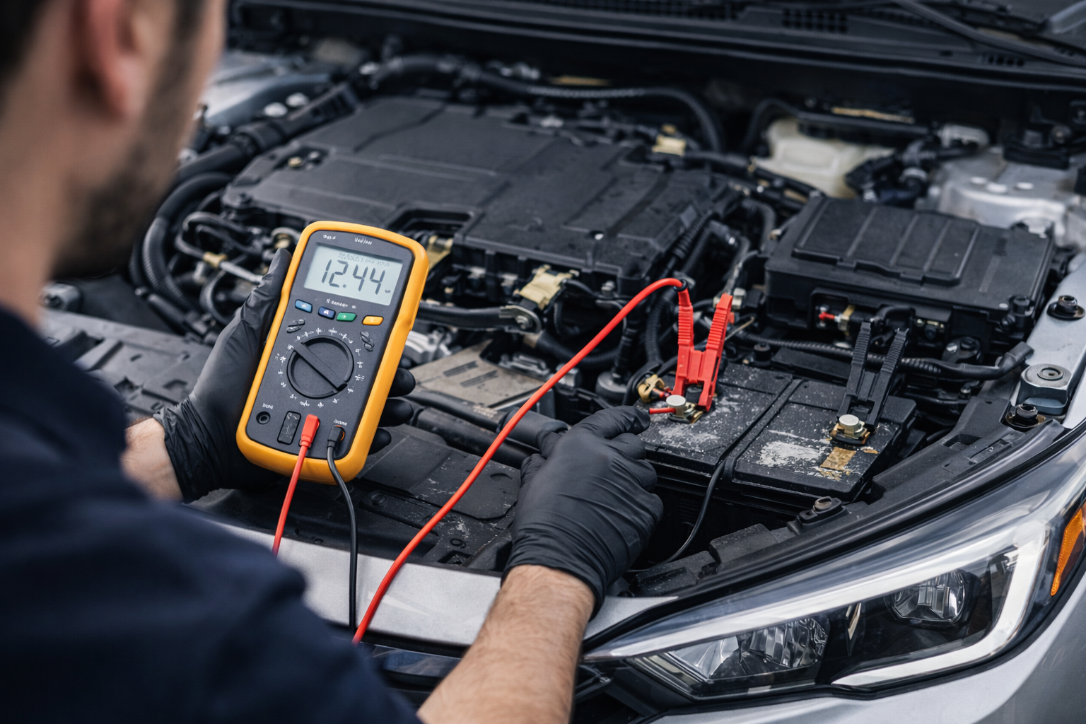 자동차 배터리 교체 전압을 점검하는 장면