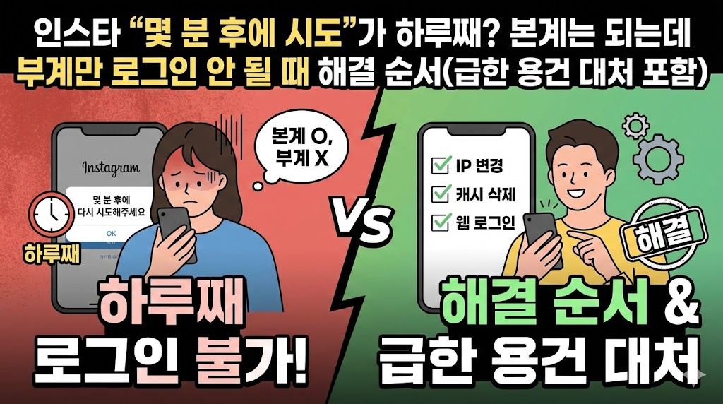인스타 &ldquo;몇 분 후에 시도&rdquo;가 하루째? 본계는 되는데 부계만 로그인 안 될 때 해결 순서(급한 용건 대처 포함)