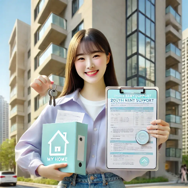 현대 아파트 앞에서 서류와 열쇠를 들고 주거 지원 승인을 확인하며 미소 짓는 동양인 젊은 여성의 초고해상도 사진