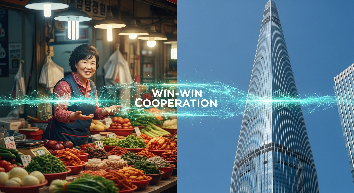 화면이 분할된 구성. 왼쪽에는 전통시장 상인(검은 머리 중년 여성), 오른쪽에는 대기업을 상징하는 현대적인 고층 빌딩. 두 곳을 잇는 빛나는 디지털 다리가 '상생협력'을 상징함.