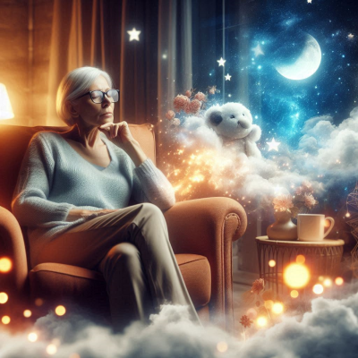 별빛과 함께 꿈을 꾸는 할머니가 편안하게 앉아있는 장면입니다.