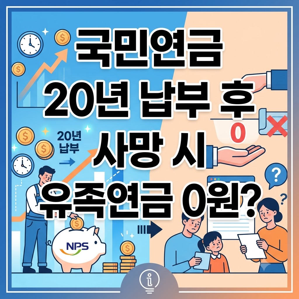 "국민연금 20년 납부 후 사망 시 유족연금 0원?"이라는 문구와 함께 국민연금 납부 및 유족의 상황을 표현한 인포그래픽 썸네일 이미지.