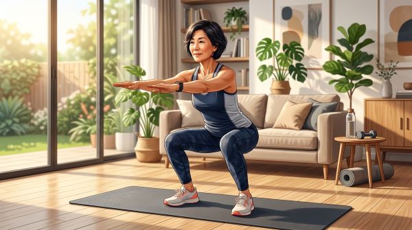 거실에서 완벽한 자세로 스쿼트를 하고 있는 여성