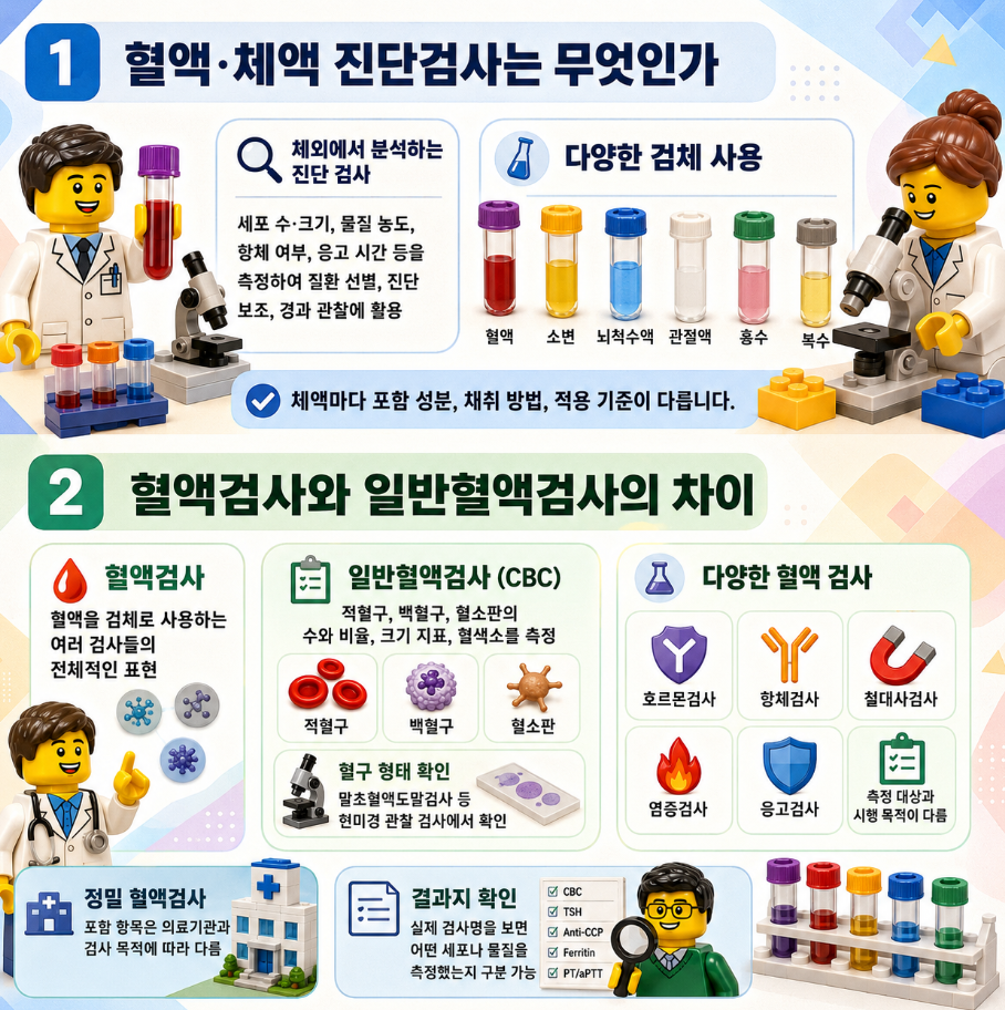 혈액&middot;체액 진단검사의 개념과 혈액검사, 일반혈액검사(CBC)의 차이를 설명한 레고 스타일 메디컬 인포그래픽