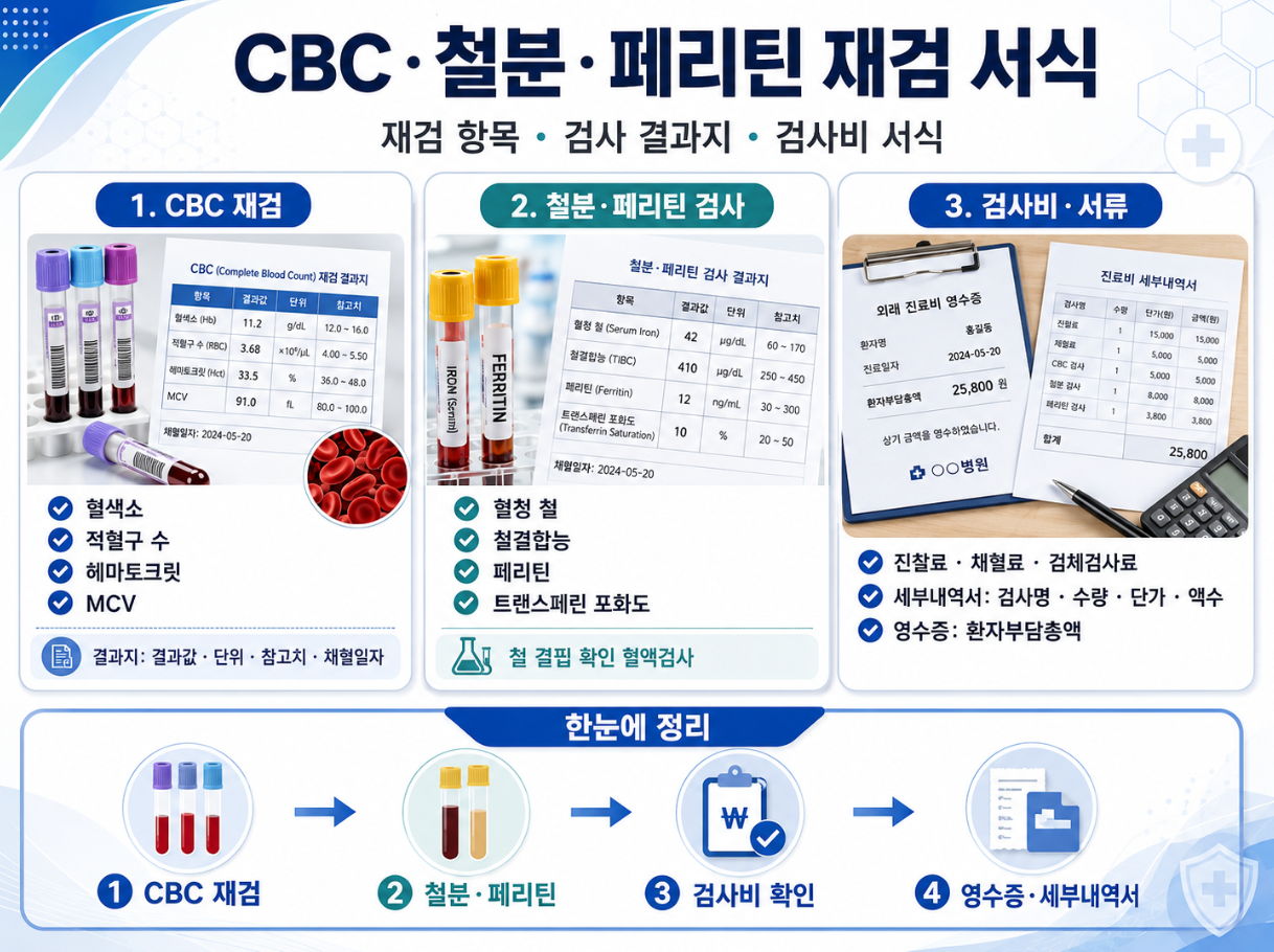 CBC 재검, 철분검사, 페리틴검사, 검사결과지와 진료비 세부내역서 항목을 정리한 혈액검사 메디컬 인포그래픽