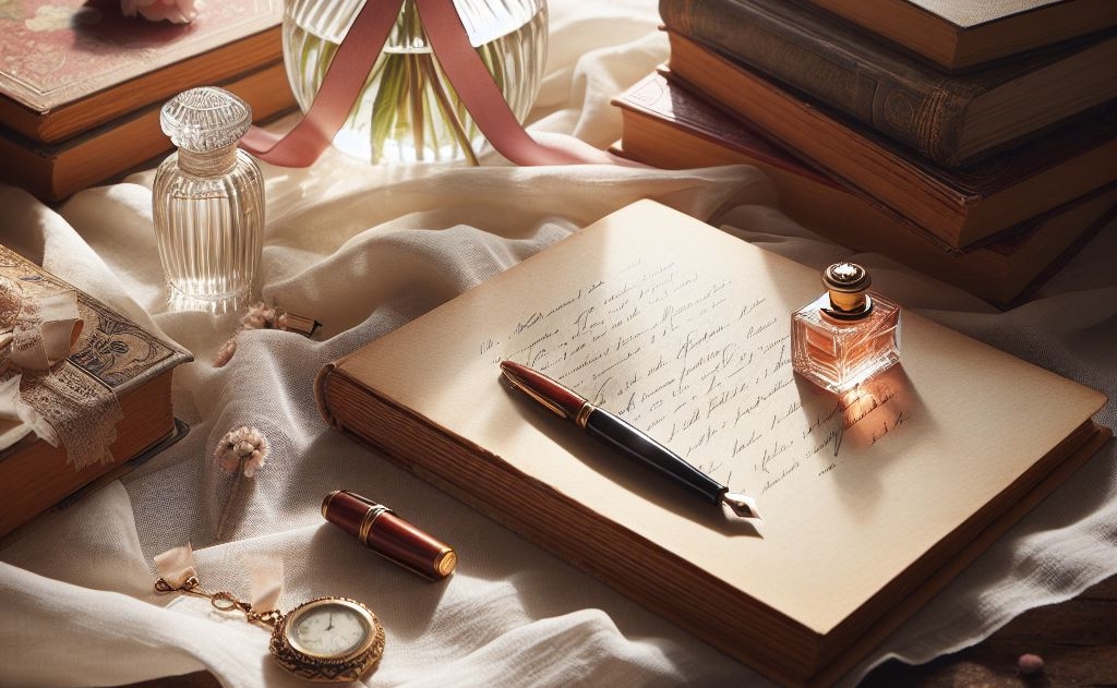 향수병들과 책 만년필이 함께 테이블 위에 놓여있는 사진