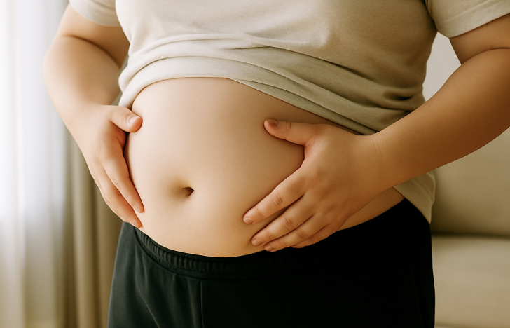 밝은 실내에서 배를 잡고 있는 사람의 상반신 사진