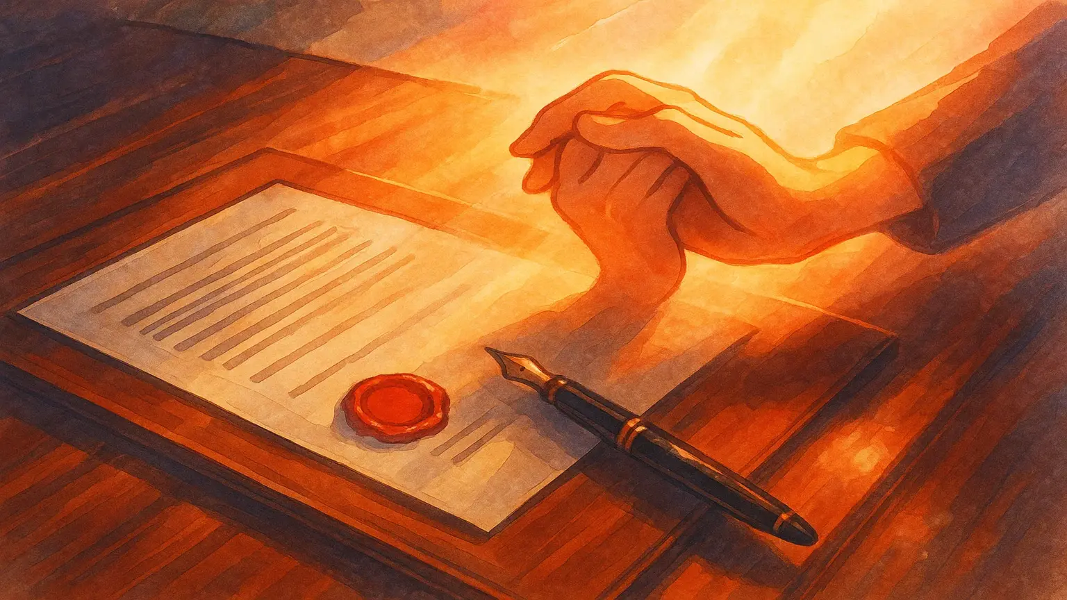 법원 서류와 펜, 그리고 그 옆에 놓인 악수하는 두 사람의 손 실루엣을 통해 법적 절차와 화해의 이미지를 동시에 표현하는 상징적 이미지