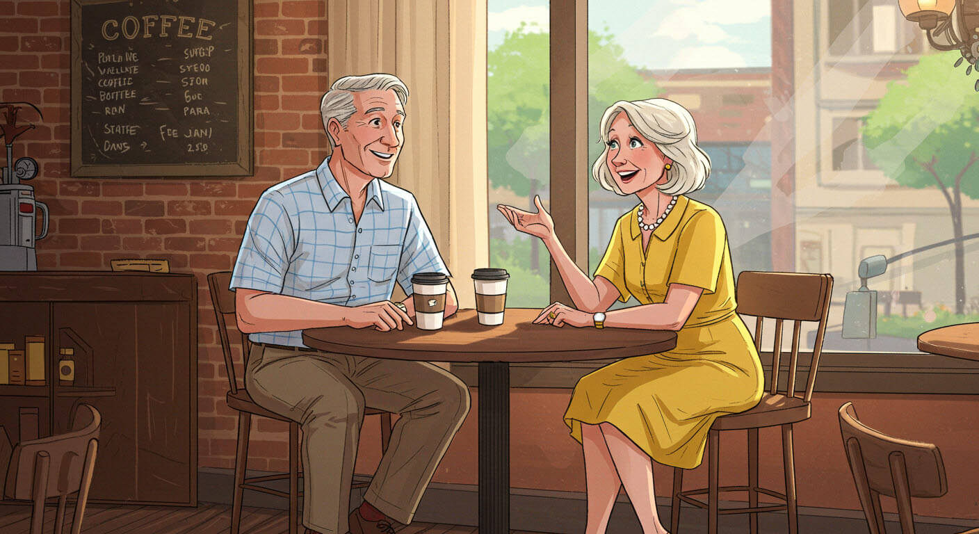중년의커플이 커피숍에 앉아서 다소를 나누는 모습