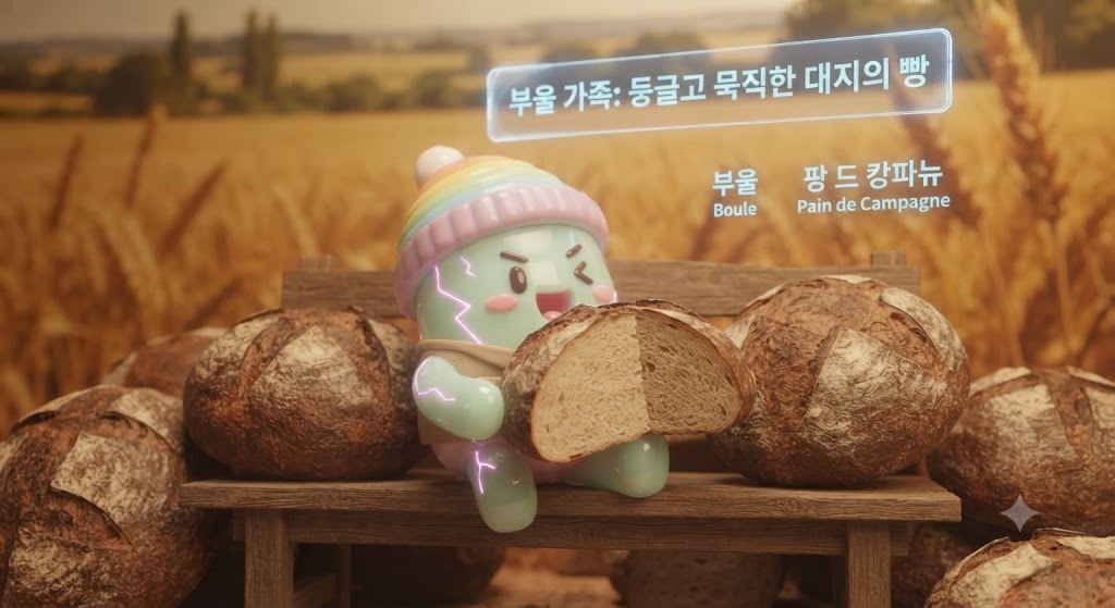 쫀쿠가 시골 풍경이 그려진 배경 앞에서 둥근 빵 바구니를 안고 있습니다. 바구니에는 투박하고 커다란 둥근 빵들이 가득합니다. 쫀쿠는 이 빵들이 도시의 바게트와는 다른, '대지의 빵'이라고 설명합니다. 특히 르뱅으로 발효하여 구수한 향이 나는 '팡 드 캉파뉴'를 소개하며, 이 빵의 거친 속살을 보여주기 위해 빵 하나를 반으로 자르고 있습니다.