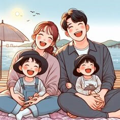 엄마는-아들을-안고-아빠는-딸을-안고-바닷가에-앉아-환하게-웃고있는-모습