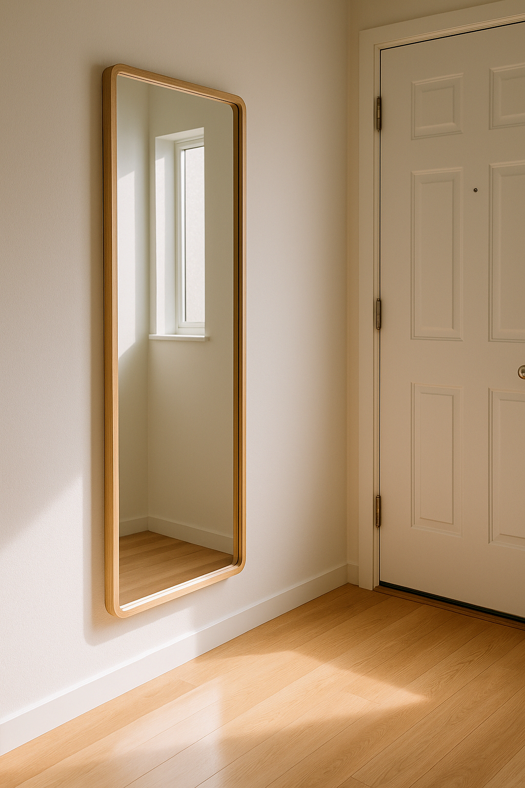 현관문 옆 벽면에 세로형 거울이 설치된 밝은 아파트 현관"