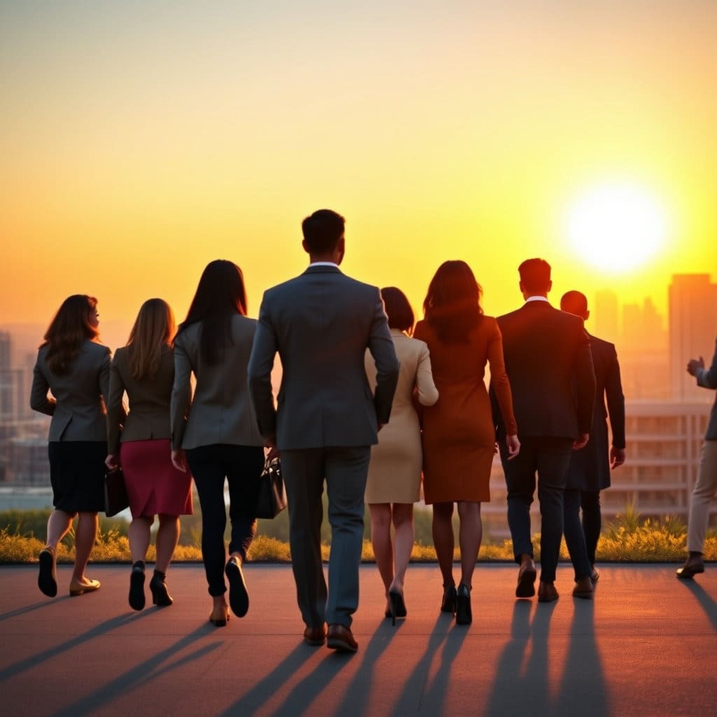 추천된 인재들이 밝은 미래를 향해 함께 걸어가는 모습을 뒷모습으로 표현합니다. 배경에는 희망찬 일출이나 발전된 도시의 모습을 넣어 미래지향적인 느낌을 강조합니다.