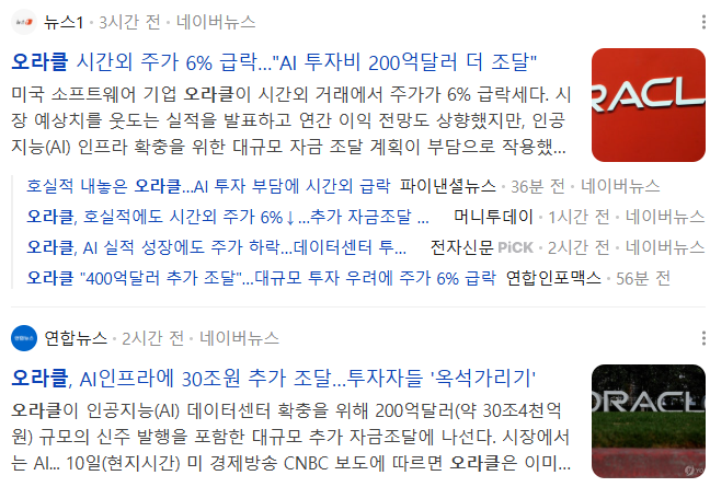 2026년 6월 11일 오라클 시간외 주가 급락을 다루는 신문기사 캡쳐