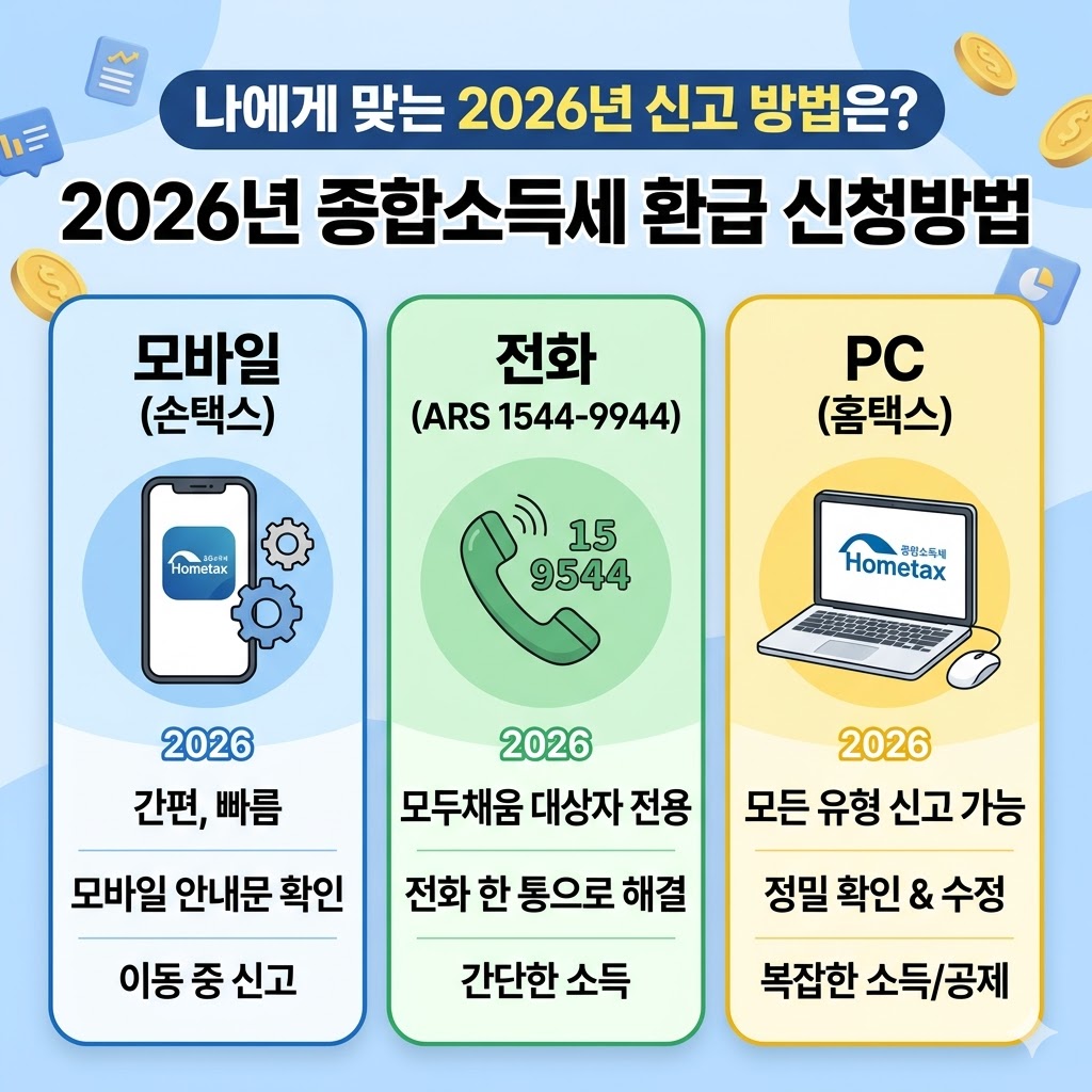 2026년 종합소득세 환급 신청방법 홈택스 손택스 ARS 비교