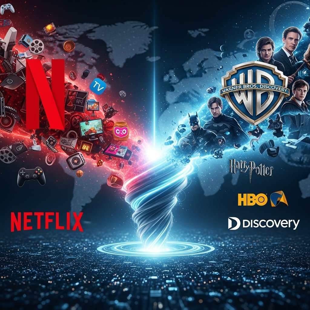 넷플릭스와 워너 브라더스 디스커버리가 합병되어 거대한 콘텐츠 공룡을 이루는 역동적인 이미지. 두 회사의 로고와 상징적인 콘텐츠들이 거대한 합병 소용돌이 속으로 빨려 들어가며, 새로운 미디어 시대의 시작을 알리는 듯한 미래 지향적인 모습.