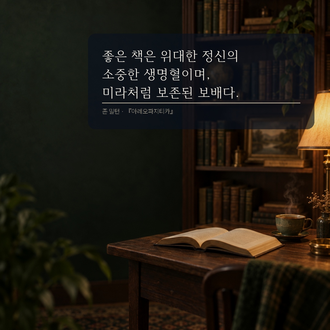 존 밀턴 좋은 책은 위대한 정신의 소중한 생명이라는 독서 명언