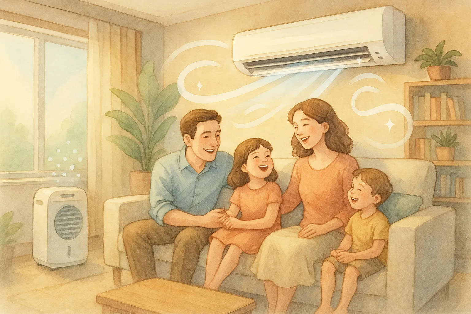 제습기와 함께 대화하며 웃는 가족의 따뜻한 거실