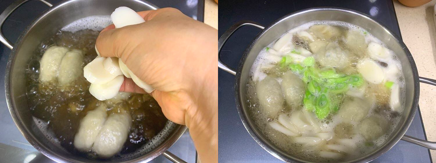 떡, 만두와 파 넣고 떡국 끓이는 사진