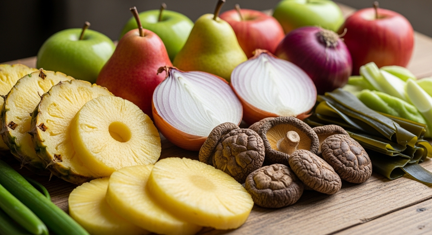 젓갈 없이 감칠맛을 내는 비건 김치 재료들: 다시마, 표고버섯, 사과, 배, 파인애플, 양파.