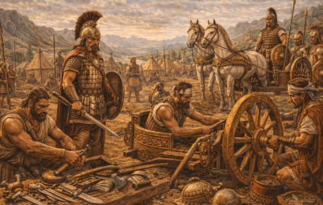 고대 동유럽 트라키아 지역에서 장인들이 전차를 제작하고 무장을 준비하는 장면