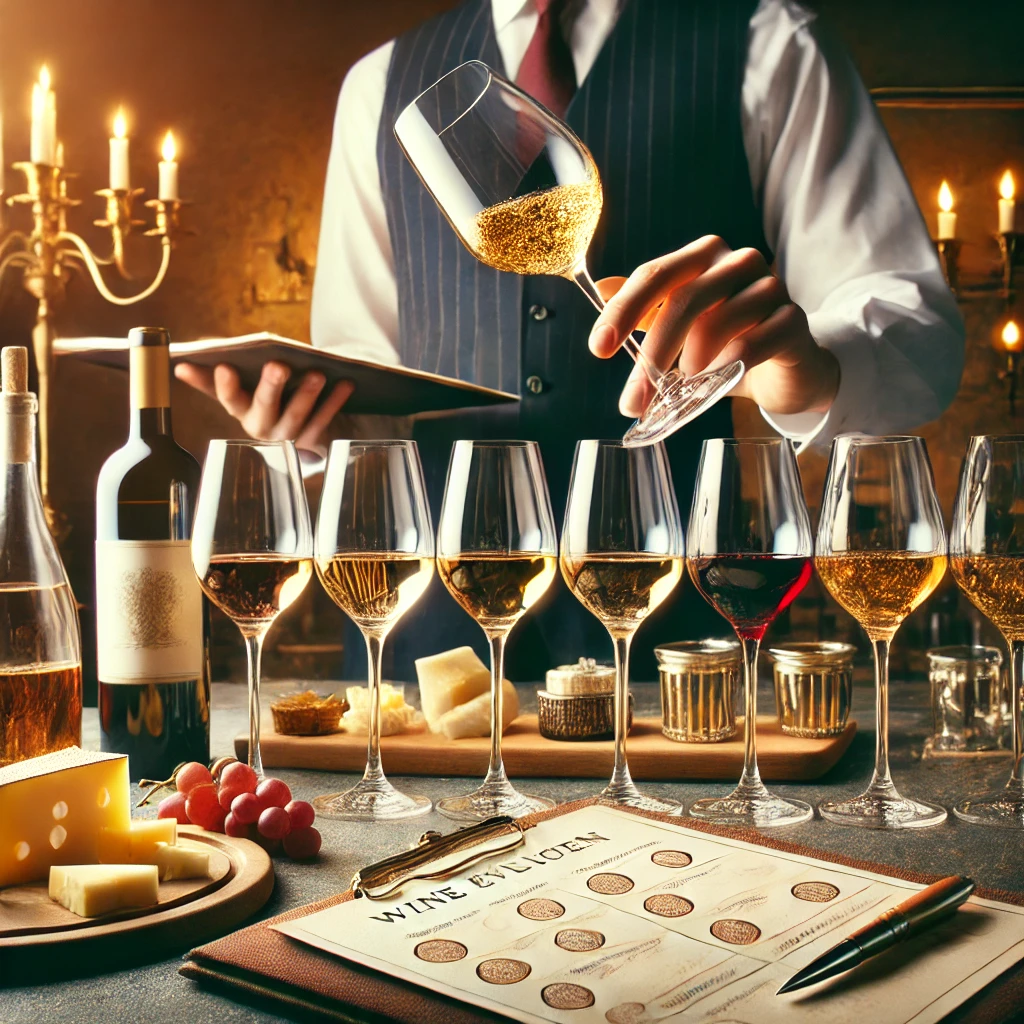 소믈리에로 보이는 전문가가 여러 종류의 와인을 잔에 따르고 테이스팅을 하는 모습입니다.