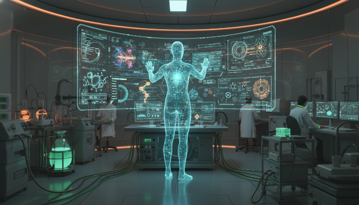 복잡한 데이터를 분석하는 가상의 AI 디지털 트윈 아바타