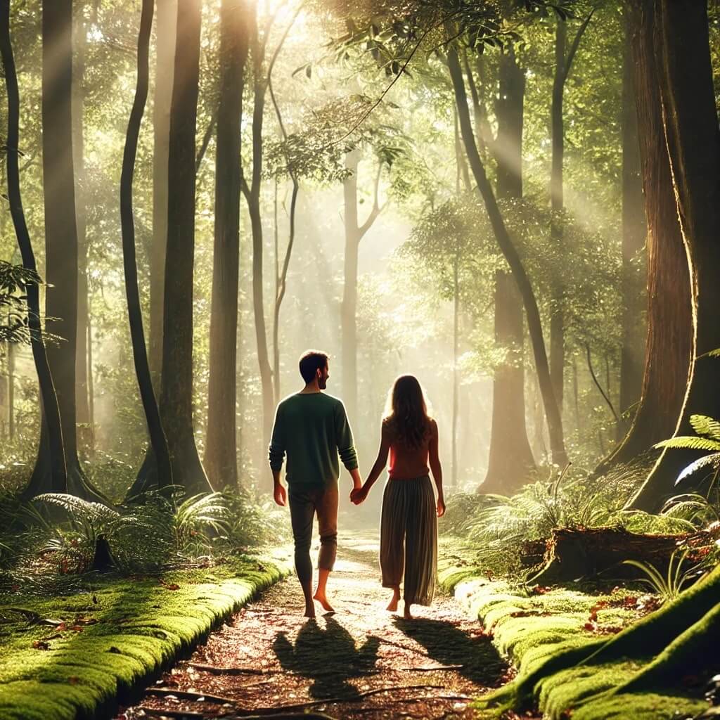 맨발걷기와 함께하는 명상을 숲에서 하는 남녀