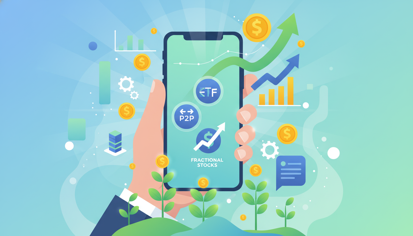 스마트폰으로 ETF, P2P, 해외 주식 소수점 투자를 관리하는 모습을 형상화한 일러스트. 다양한 소액 투자 방법으로 자산을 불려나가는 과정을 보여줍니다.