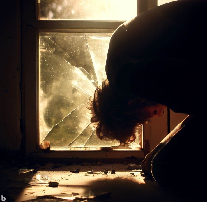 창문을 깨고 반성하는 모습(made by Bing)