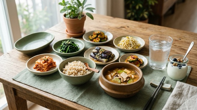 물과 채소, 유제품이 놓인 통풍 친화적 식탁 장면