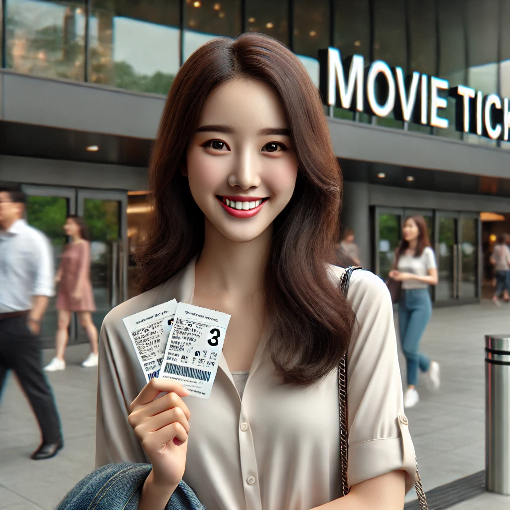 영화관 입구 앞에서 영화 티켓 두 장을 들고 환하게 웃고 있는 젊은 한국 여성.
