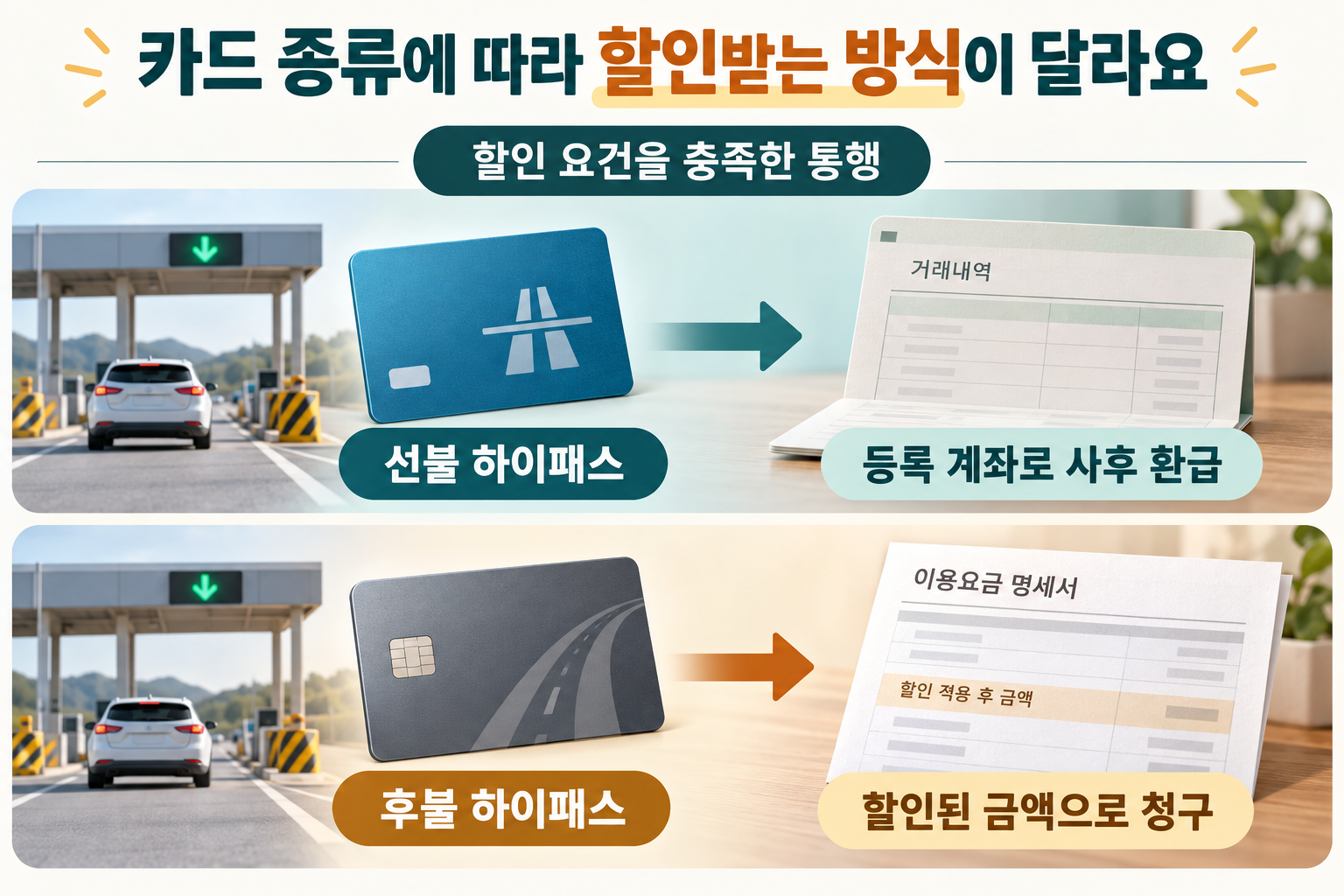 선불 하이패스는 등록 계좌로 사후 환급, 후불 하이패스는 할인된 금액으로 청구되는 비교