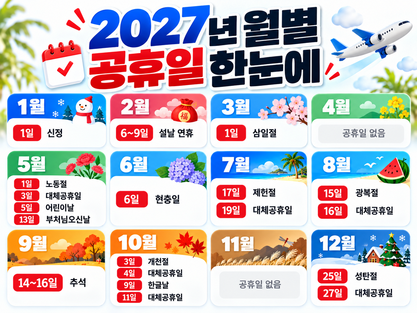 2027년 공휴일 총정리|대체공휴일 7일·연차 2개로 9일 쉬는 황금연휴 달력