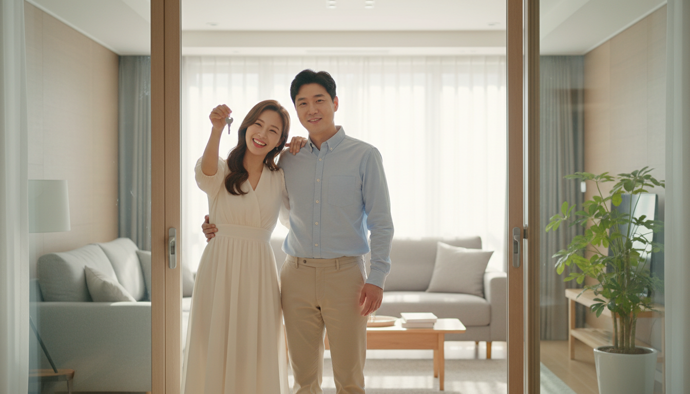 환하게 웃는 신혼부부가 새 아파트 앞에서 집 열쇠를 들고 있는 모습. 따뜻하고 행복한 미래를 상징합니다.