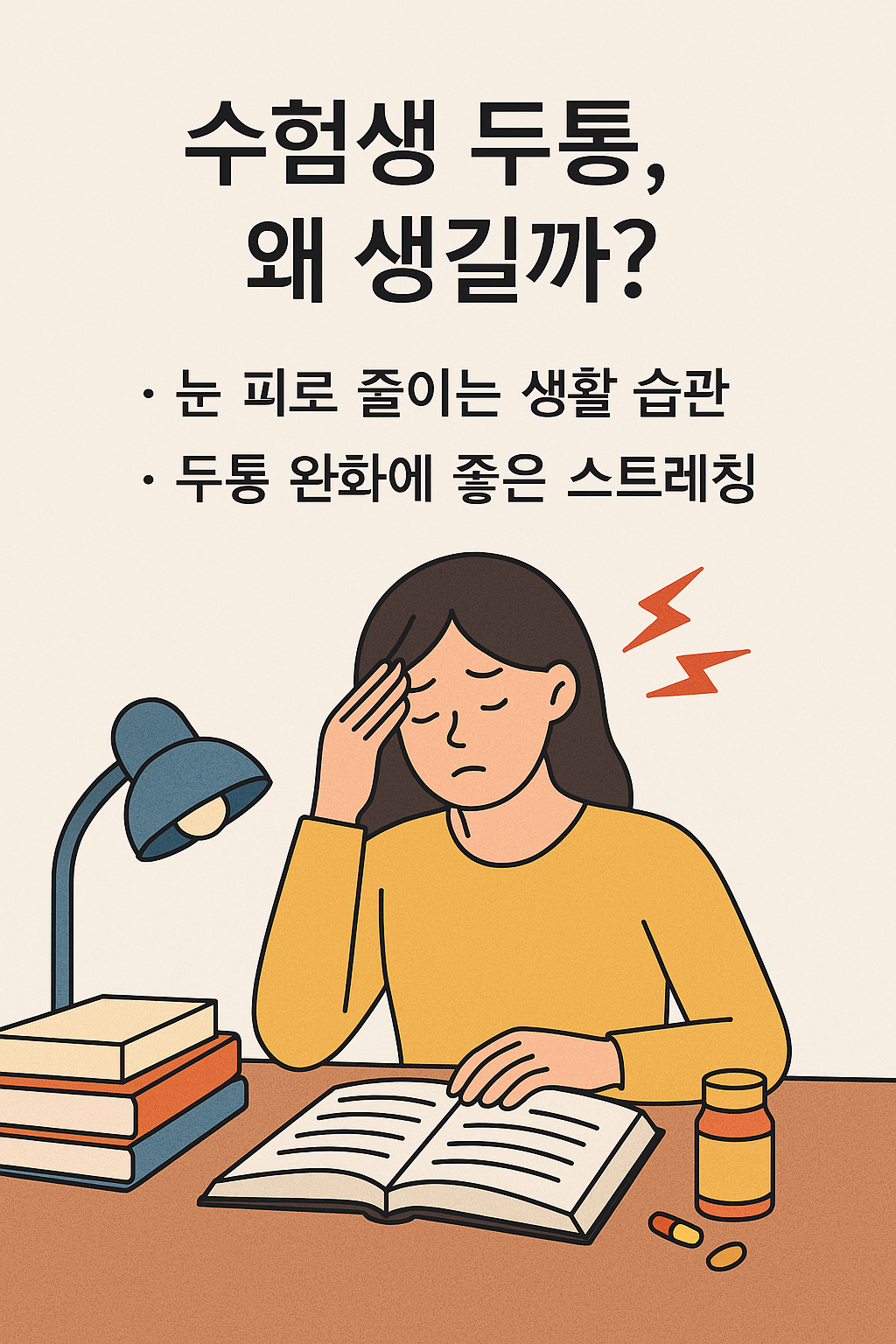 수험생 두통과 눈 피로 완화를 위한 습관을 소개하는 인포그래픽 이미지