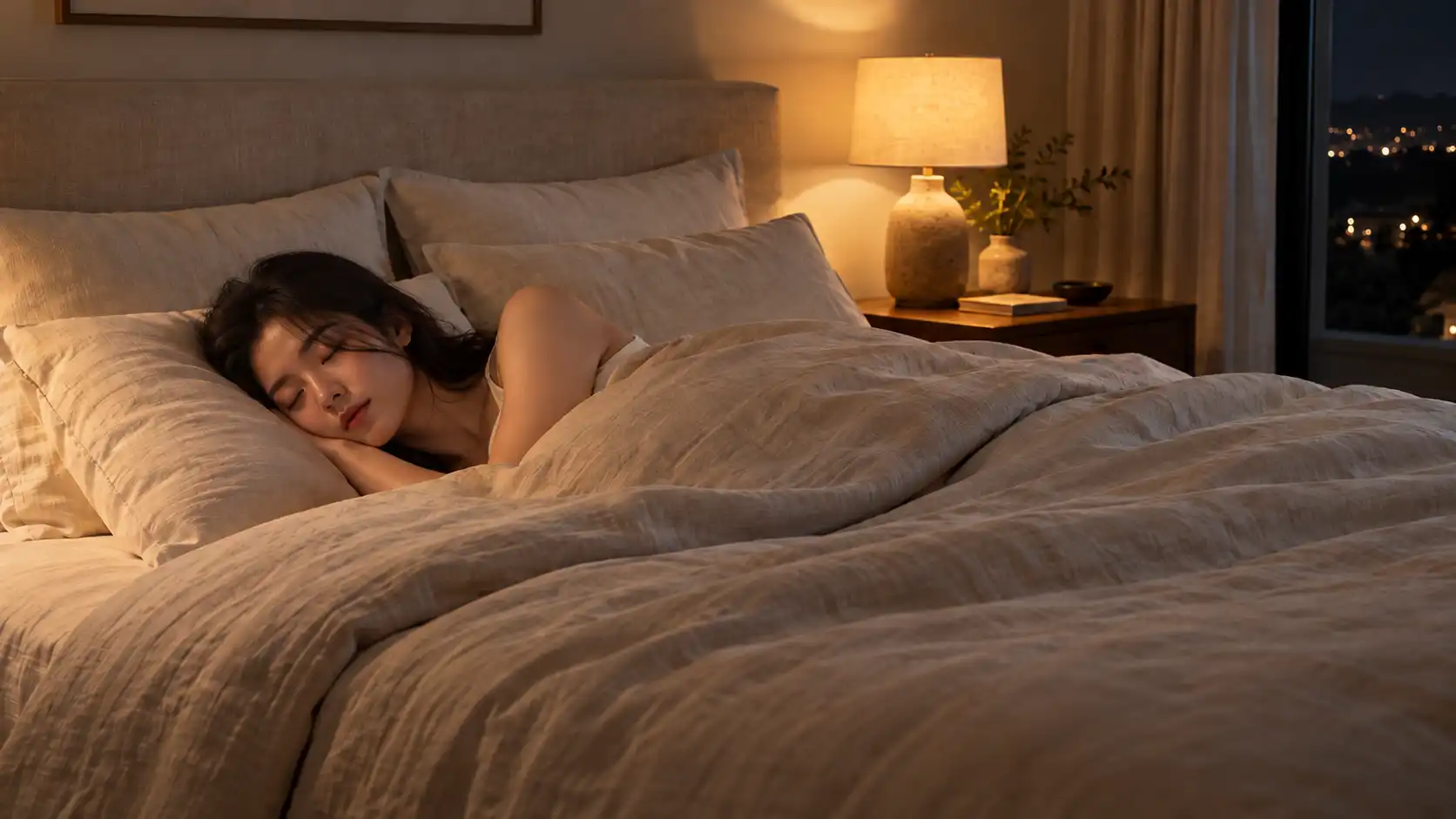 꼬떼따블 리넨 침구의 평평한 수평선과 서늘한 촉감 속에 몸을 맡기고 온전한 휴식을 누리는 밤의 침실 풍경
