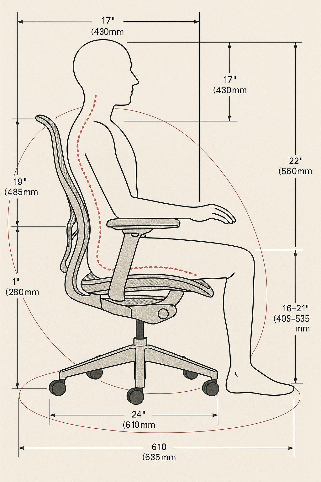 사람의 착석 자세를 기반으로 요추 지지, 좌판 높이, 팔걸이 위치 등 치수가 표기된 의자 인체공학 도식.