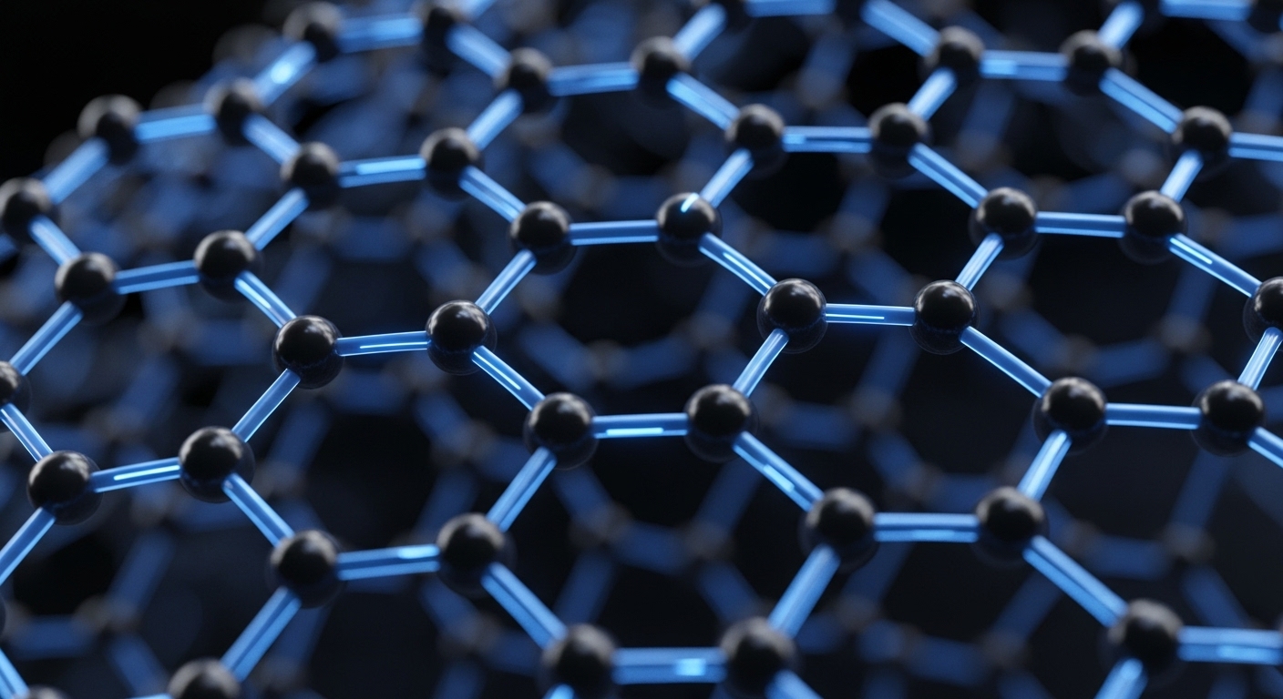 육각형 벌집 모양의 그래핀 구조가 푸른색 빛을 내며 전기가 흐르는 듯한 현미경 이미지.