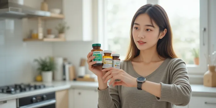 여성이 손목시계를 보며 영양제 복용 타이밍을 확인하는 모습
