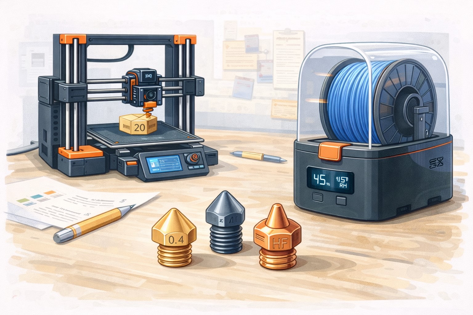 3D 프린터 초보가 늦게 사서 후회하는 필수 액세서리 노즐과 필라멘트 건조기를 정리한 작업대 대표 이미지