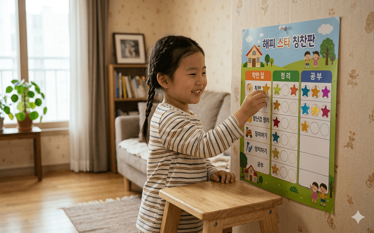아이가 칭찬 스티커판에 스티커를 직접 붙이는 모습