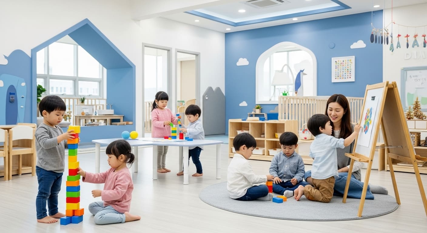 또래 아이들과 함께 즐겁게 놀며 사회성을 키우는 어린이집 풍경.