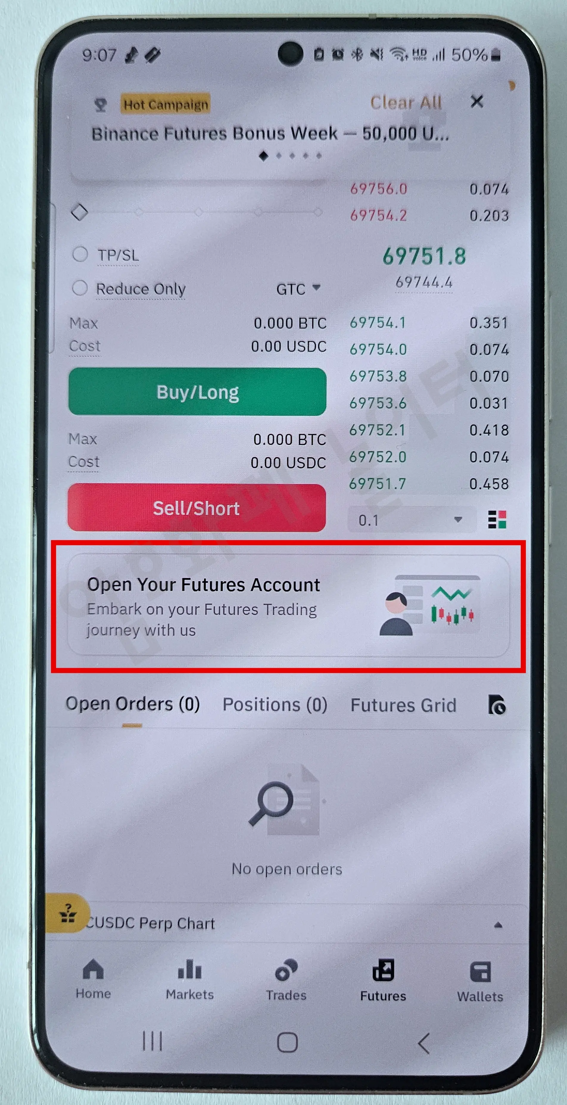 바이낸스 선물 계정 개설: Futures 메뉴에서 Open Your Futures Account 선택