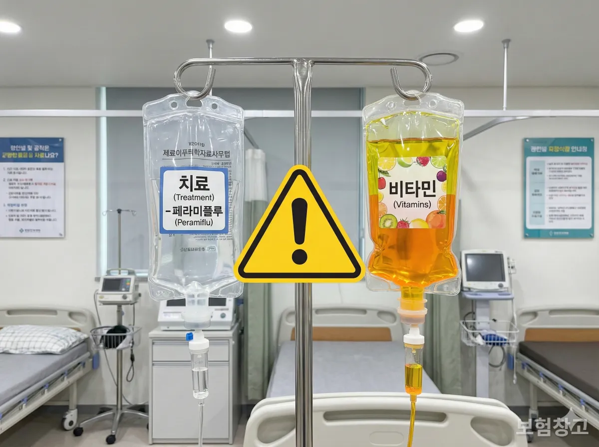 치료 목적의 독감 수액과 영양제 칵테일 수액을 비교하며 주의를 요하는 이미지