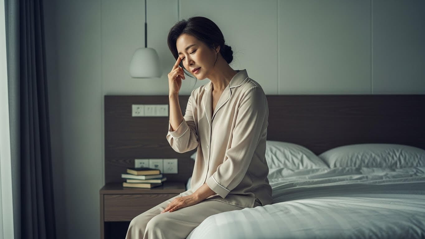 침대에 앉아 잠시 어지러움을 느끼는 중년 여성의 아침 모습