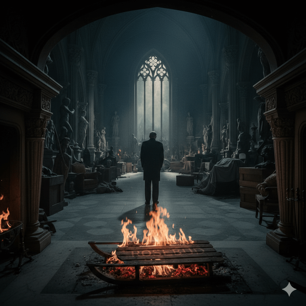 영화 시민 케인의 주인공 찰스 포스터 케인이 거대한 저택 제나두의 수집품들 사이에서 임종 직전 마지막 유언인 로즈버드가 새겨진 썰매가 불타는 환영을 마주하는 고독한 뒷모습