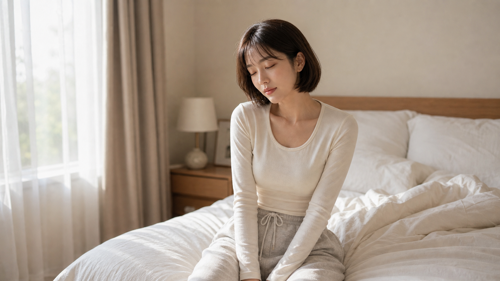 장신구 없이 아침 햇빛이 들어오는 침실에서 침대에 걸터앉아 눈을 감고 있는 서윤